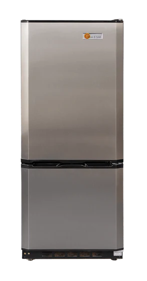 SunStar Solar DC/AC Refrigerator 10CU ST-10RF in black and stainless steel, energy-efficient, versatile for off-grid living.