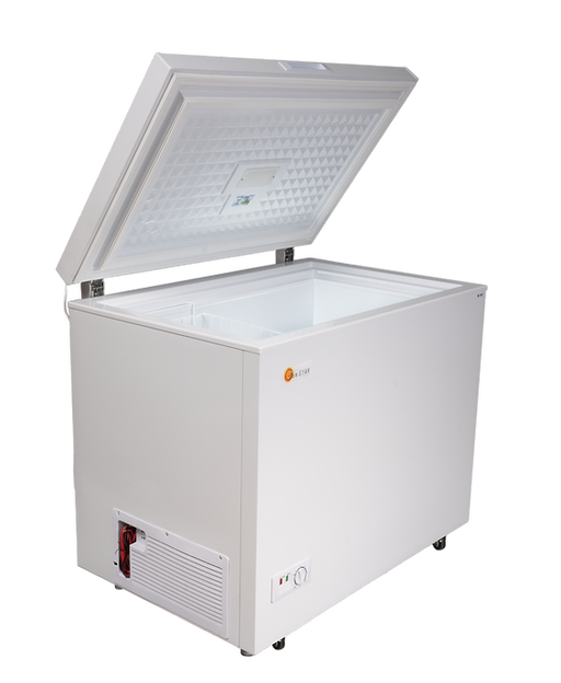 Energy-efficient 8 cubic foot solar-powered chest freezer by SunStar, ideal for off-grid living and eco-friendly food storage solutions.