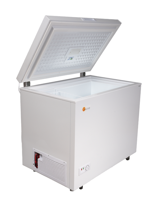 Energy-efficient 8 cubic foot solar-powered chest freezer by SunStar, ideal for off-grid living and eco-friendly food storage solutions.