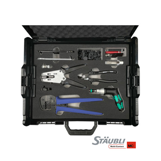 Staubli PV-WZ4/AWG-SET MC4 Carrying Case with Crimper, portable tool kit for solar connectors, includes crimping tool and accessories.