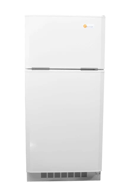 Energy-efficient white SunStar Solar/DC Refrigerator, 16 cubic feet, model ST-16RF, ideal for off-grid living and eco-friendly cooling solutions.