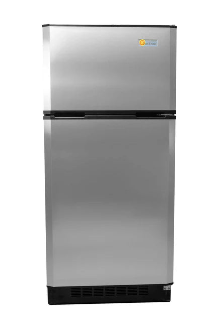 Energy-efficient 16CU SunStar Solar/DC Refrigerator in stainless steel, ideal for off-grid living with spacious storage and modern design.