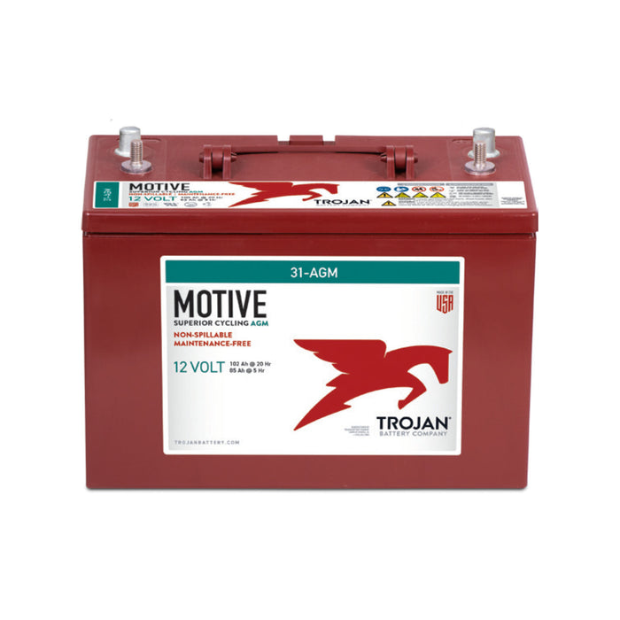 Heavy-duty Trojan Battery 31-AGM, ideal for deep-cycle applications, maintenance-free, spill-proof, and designed for long-lasting performance.