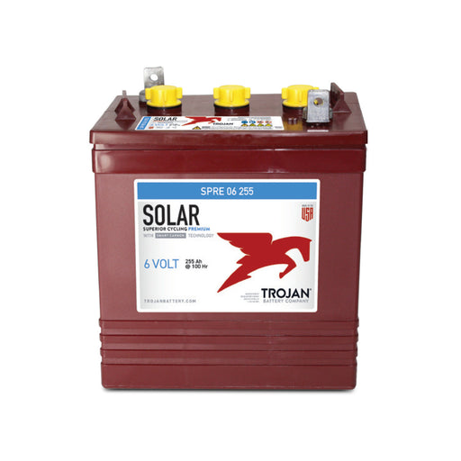 Trojan Battery SPRE06-255, deep-cycle, 6V, 255Ah, reliable power for renewable energy, golf carts, and more. Durable and efficient energy storage.