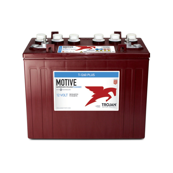 Deep-cycle Trojan Battery T-1260 Plus, 12V, ideal for renewable energy systems, golf carts, and marine applications. Reliable and long-lasting power source.