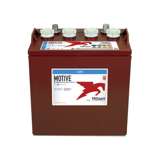 Trojan Battery T-875, 8V deep-cycle battery, ideal for golf carts and renewable energy systems, known for durability and long-lasting performance.