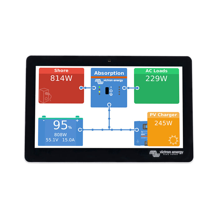 7-inch touchscreen display for monitoring and controlling Victron Energy systems, offering a sleek design and easy installation for enhanced user experience.