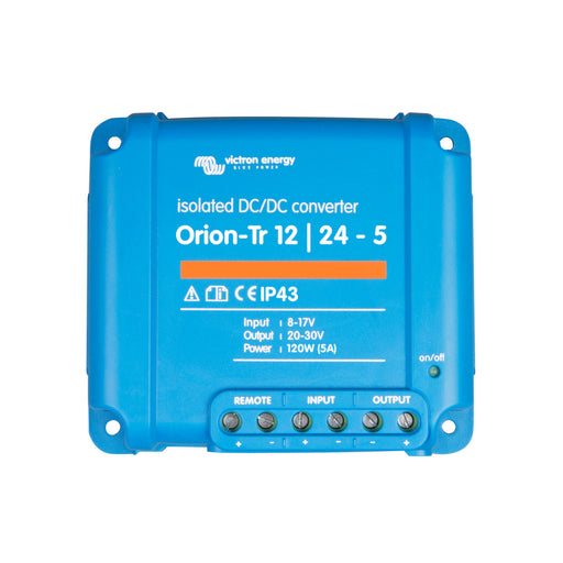 Victron Energy Orion-Tr 12/24-5A DC-DC converter, efficient power conversion for 12V to 24V systems, compact and reliable design.