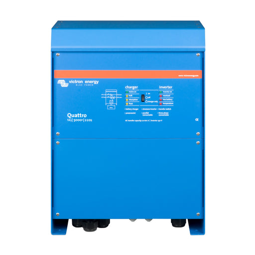 Victron Energy Quattro 12/5000/200-100 inverter/charger, dual AC inputs, seamless power transfer, ideal for off-grid and backup applications.