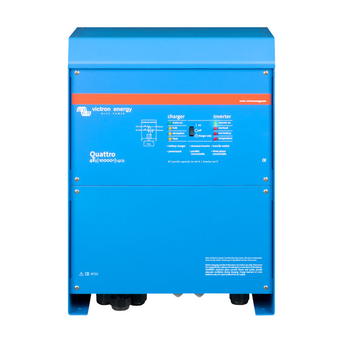 Victron Energy Quattro 48/10000/140-100 inverter/charger, dual AC inputs, seamless power transfer, ideal for off-grid and backup applications.