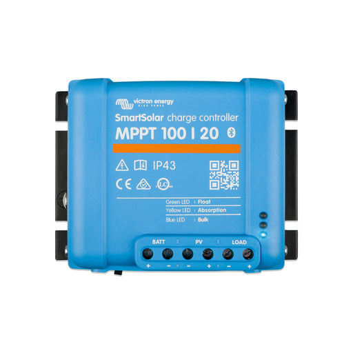 Victron Energy SmartSolar MPPT 100/20 solar charge controller, compatible with up to 48V systems, optimizing solar energy collection and efficiency.