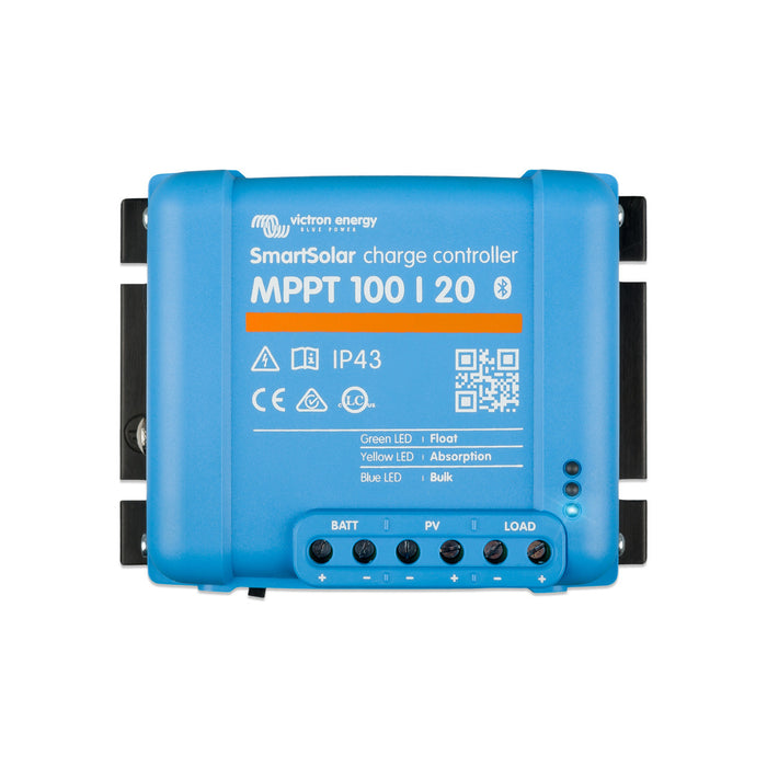 Victron Energy SmartSolar MPPT 100/20 solar charge controller, compatible with up to 48V systems, optimizing solar energy collection and efficiency.