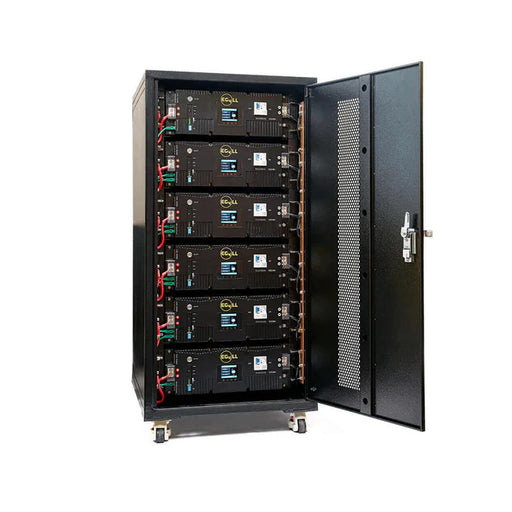 EG4 preassembled battery rack with 6 slots, enclosed design for secure storage and easy installation of batteries.