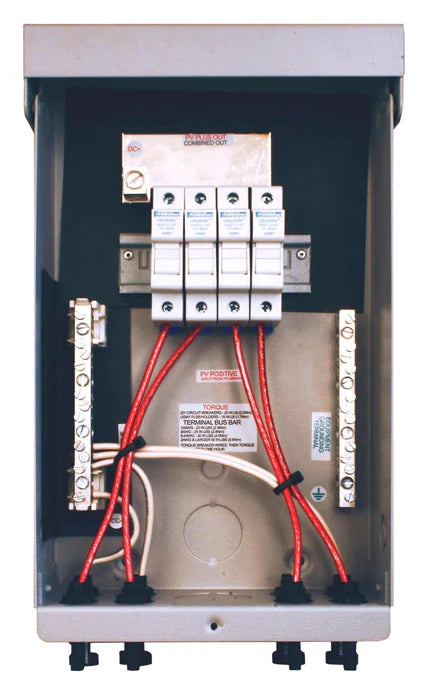 Pre-wired MidNite MNPV4 Combiner Box, 3R rated, ideal for solar power systems, featuring four circuit breakers for efficient energy management.