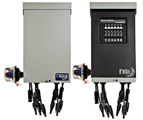 Pre-wired MidNite MNPV6 Combiner Box for split-phase systems, designed for efficient solar power management and easy installation.