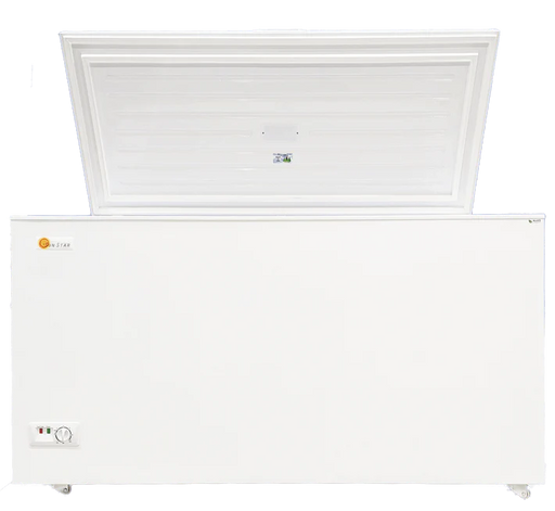 Energy-efficient 15 cu ft solar-powered chest freezer by SunStar, ideal for off-grid living with DC compatibility and ample storage space.