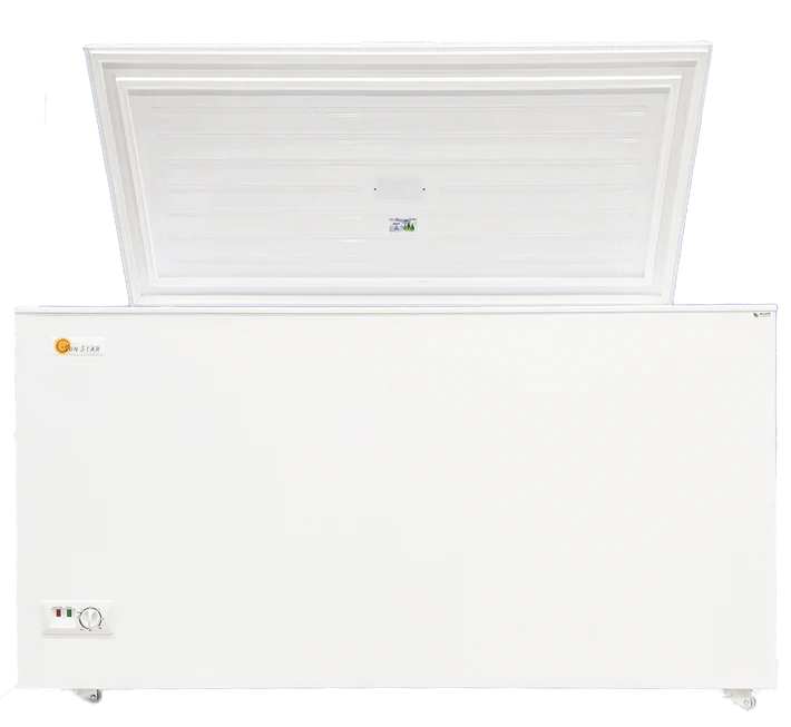 Energy-efficient 15 cu ft solar-powered chest freezer by SunStar, ideal for off-grid living with DC compatibility and ample storage space.