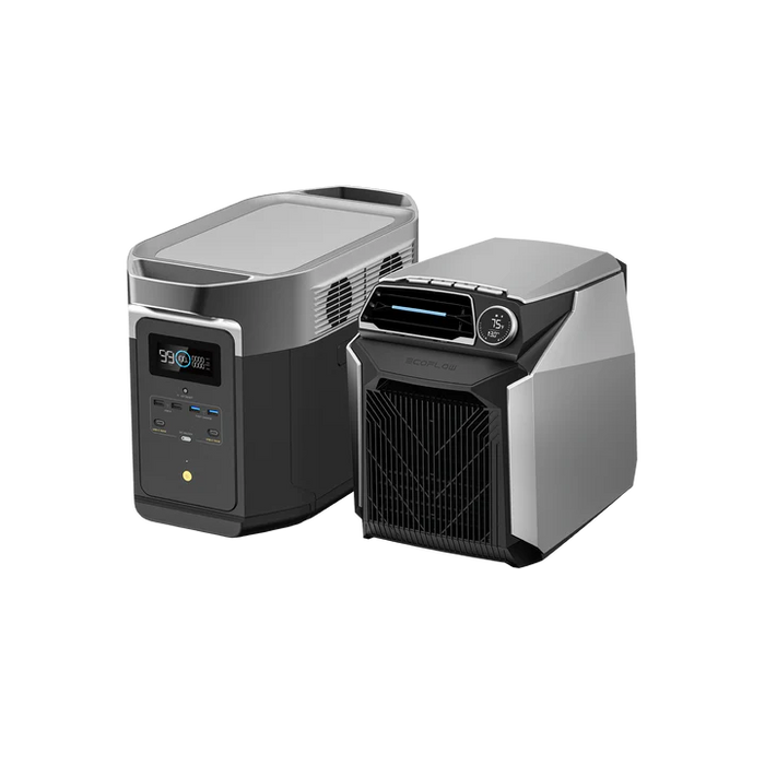 Portable air conditioner and DELTA Max power station by EcoFlow, offering efficient cooling and reliable power for outdoor and indoor use.